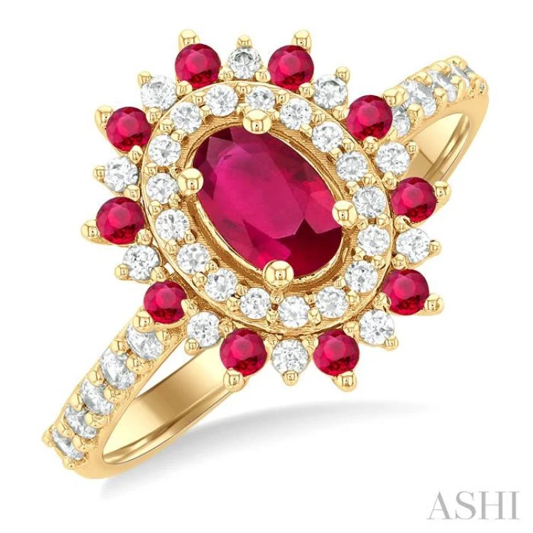 Women’s custom engagement ring with engraving-6X4 MM Oval Shape & 1.5 MM Round Cut Ruby and 3/8 ctw Round Cut Diamond Floral Precious Ring in 14K Yellow Gold