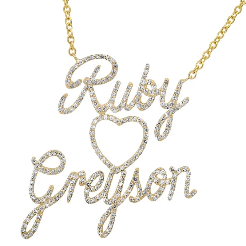 Women’s modern chain necklace-Custom Diamond Script Double Nameplate with Heart Necklace