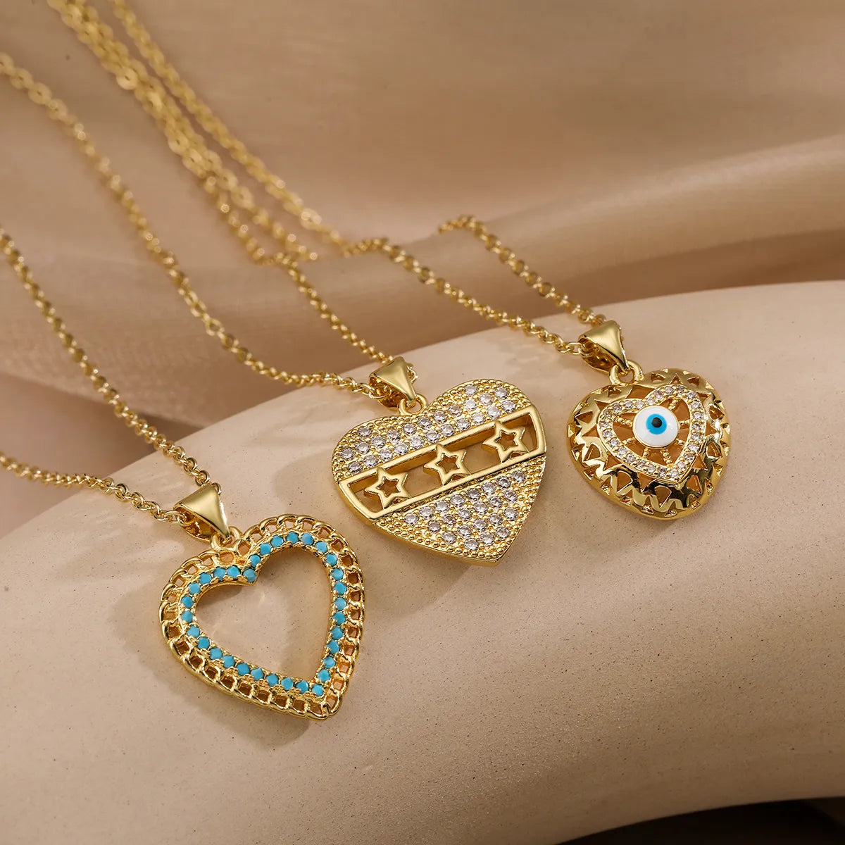 Women’s gemstone pendant necklace-Sweet Commute Star Heart Shape Copper Plating Inlay Zircon 18k Gold Plated Pendant Necklace