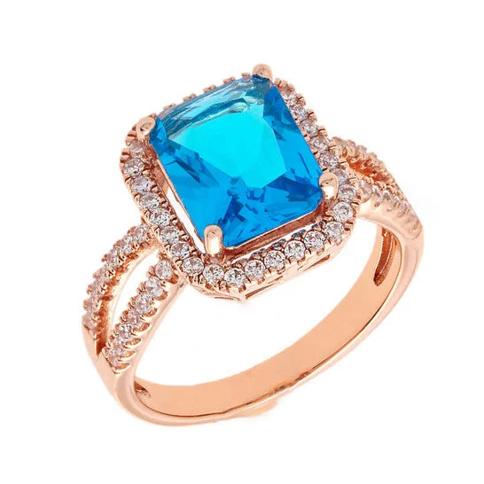 Women’s rose gold engagement ring-Original Elegant Confetti Women's 18K Rose Gold Plated Blue CZ Simulated Cushion Diamond Halo Statement Cocktail Ring