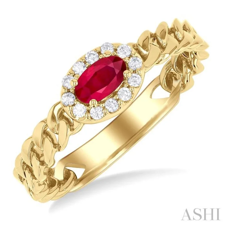 Women’s bridal engagement ring-5x3 MM Oval Cut Ruby and 1/10 ctw Curb & Cuban Link East-West Round Cut Diamond Halo Precious Ring in 10K Yellow Gold