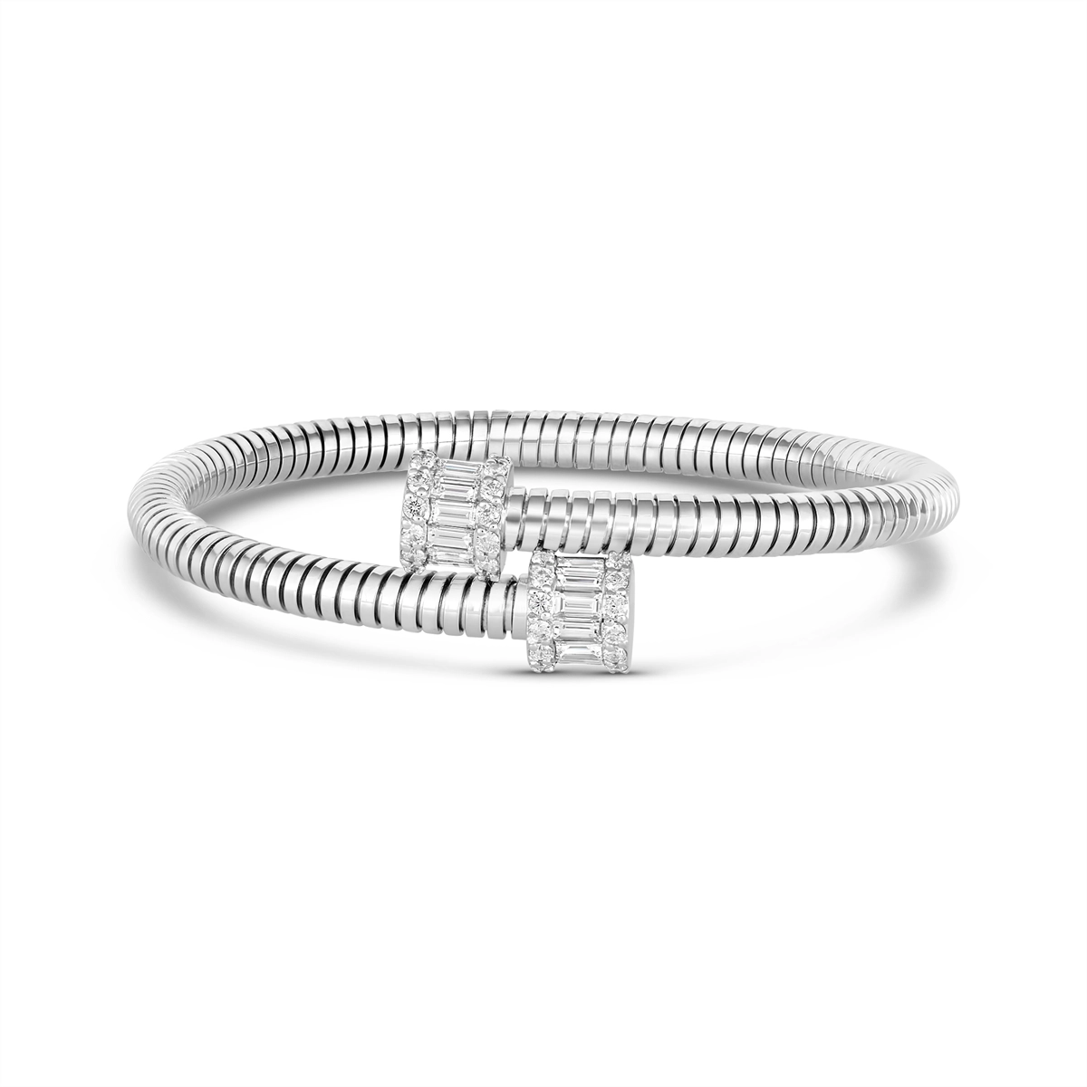 Women’s gold bracelet-18K White Gold Flexible Bypass Cuff Bracelet with Diamond Ends