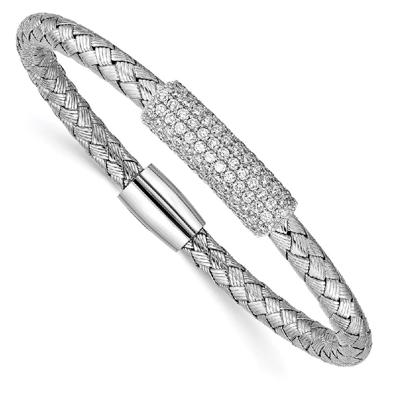 Women’s simple gold bracelet-Sterling Silver Polished Rhodium-plated CZ Magnetic Mesh Bracelet-WBC-QB953