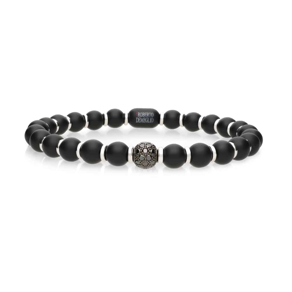 Women’s bridal bracelet-Roberto Demeglio Matte Black Ceramic Large Bead Stretch Bracelet with Black Diamond Rodell