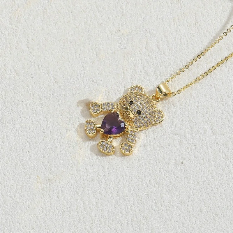 Bear Purple Loving Heart Zircon Necklace