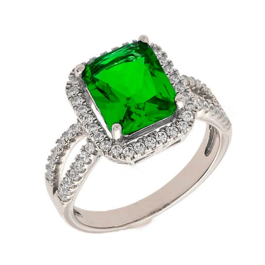 Women’s emerald cut engagement ring-Original Elegant Confetti Women's 18K White Gold Plated Green CZ Simulated Cushion Diamond Halo Statement Cocktail Ring