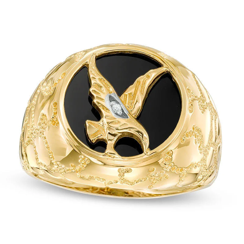 Women’s vintage-style engagement ring-Men's Onyx Eagle and Natural Diamond Accent Signet Ring in Solid 10K Yellow Gold