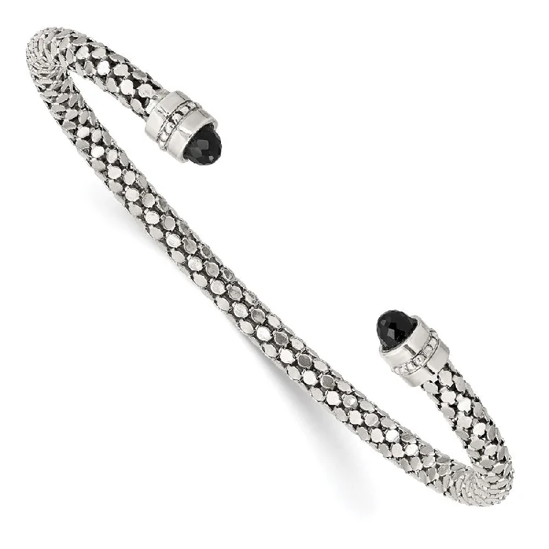 Women’s pearl bangle-Sterling Silver Black Onyx Textured Cuff Bracelet-WBC-QG4809